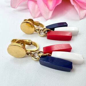Vintage Crown Trifari Lucite Clip On Earrings Red White Blue Nautical Patriotic